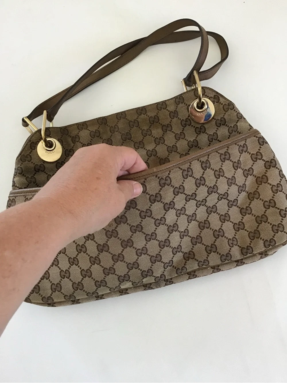 Gucci GG Canvas Eclipse Shoulder Bag Beige Brown Monogram Leather Trim Italy - Picture 2 of 15